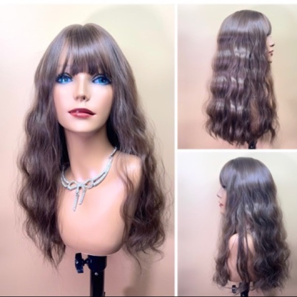 24” cool brown bangs water wavy long synthetic wig